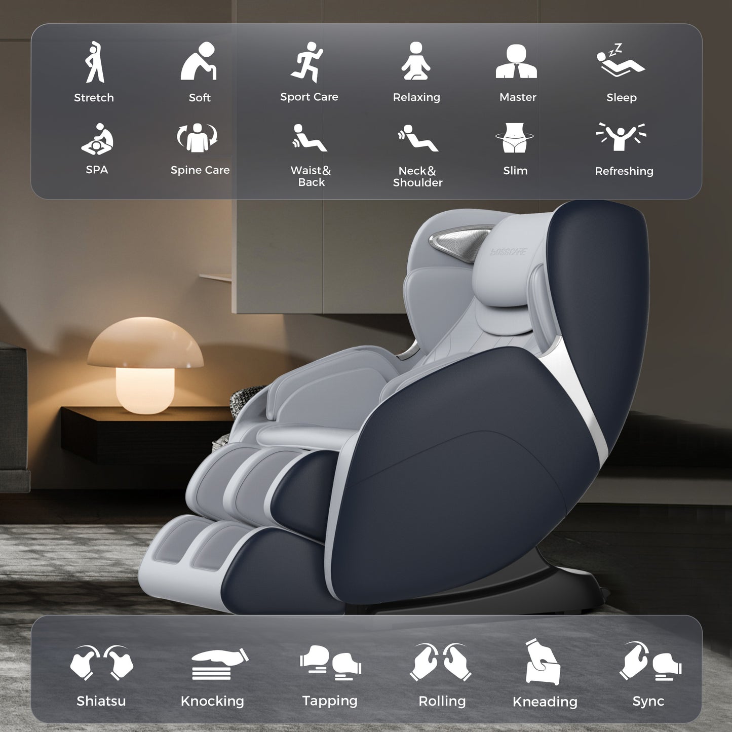 BOSSCARE 3D Full Body Massage Chair SL Track Zero Gravity Shiatsu With Bluetooth And Heating, Black