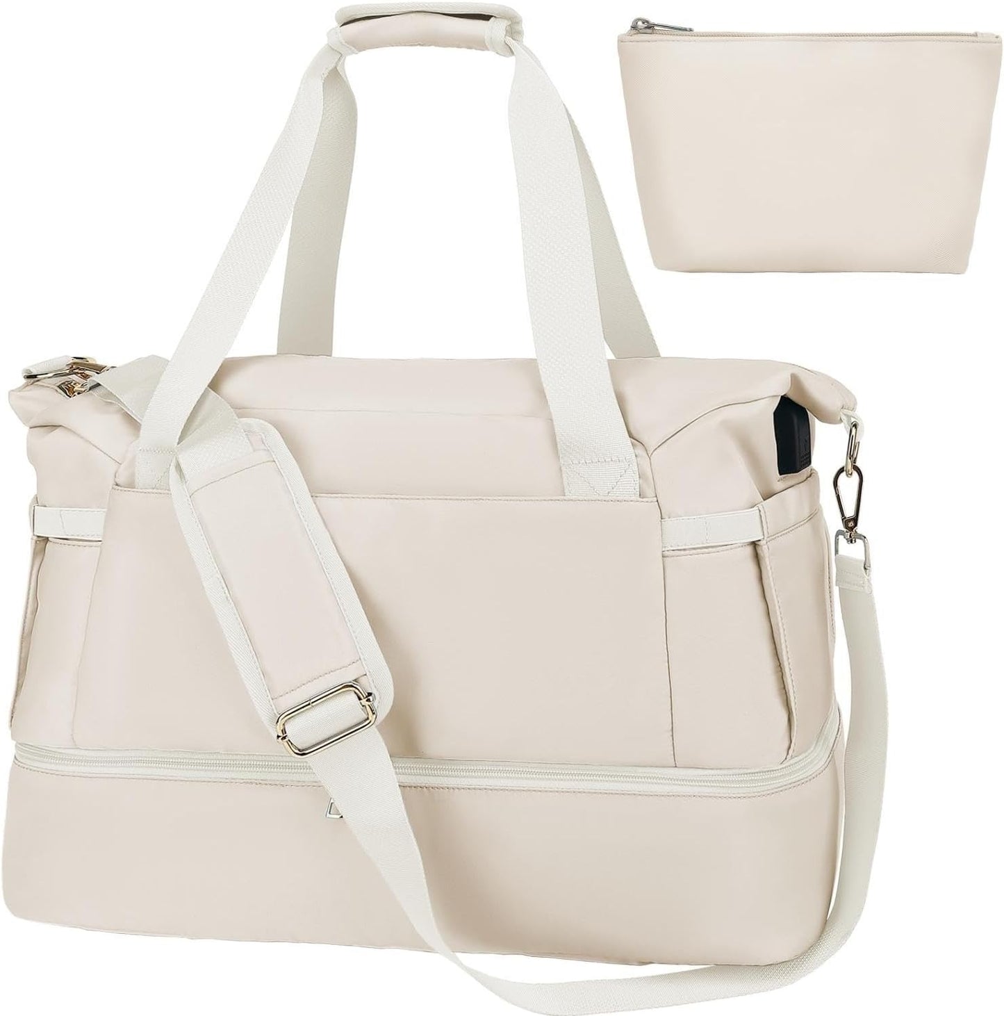 Leaper Sports Duffel Bag with USB Charging Port, Travel Duffle Bag Weekender Overnight Bag, Gym Bag for Women with Wet Pocket and Shoes Compartment, Yoga Crossbody Bag Handbag Beige