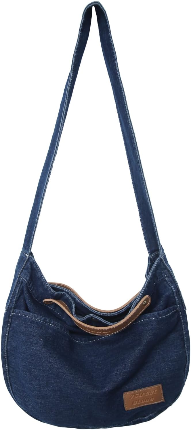 Leaper Denim Tote Bag Denim Shoulder Bag Lightweight Retro Travel Crossbody Hobo Handbag for Women