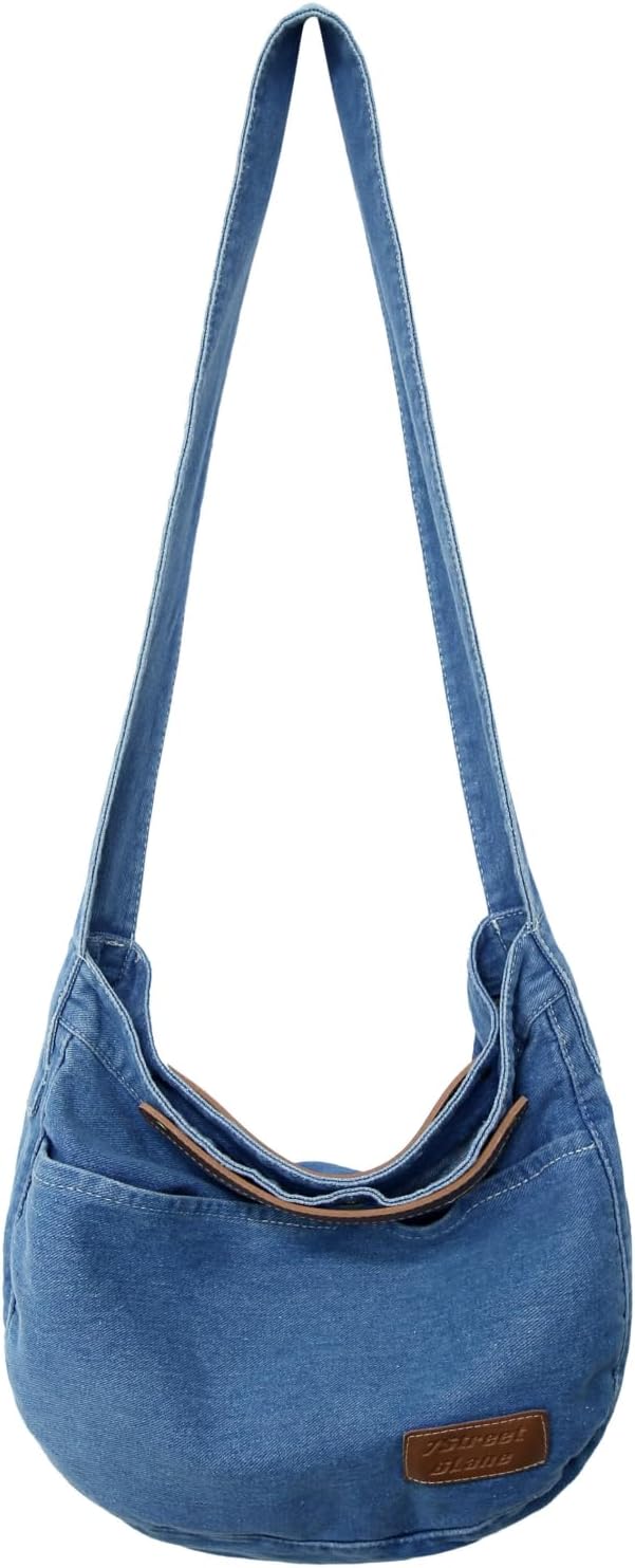 Leaper Denim Tote Bag Denim Shoulder Bag Lightweight Retro Travel Crossbody Hobo Handbag for Women