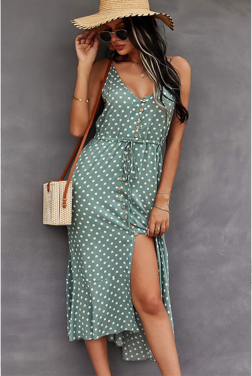 BROVAVE Women's 2024 Summer Casual Boho Sundress Polka Dot Spaghetti Strap V Neck Flowy Midi Dresses