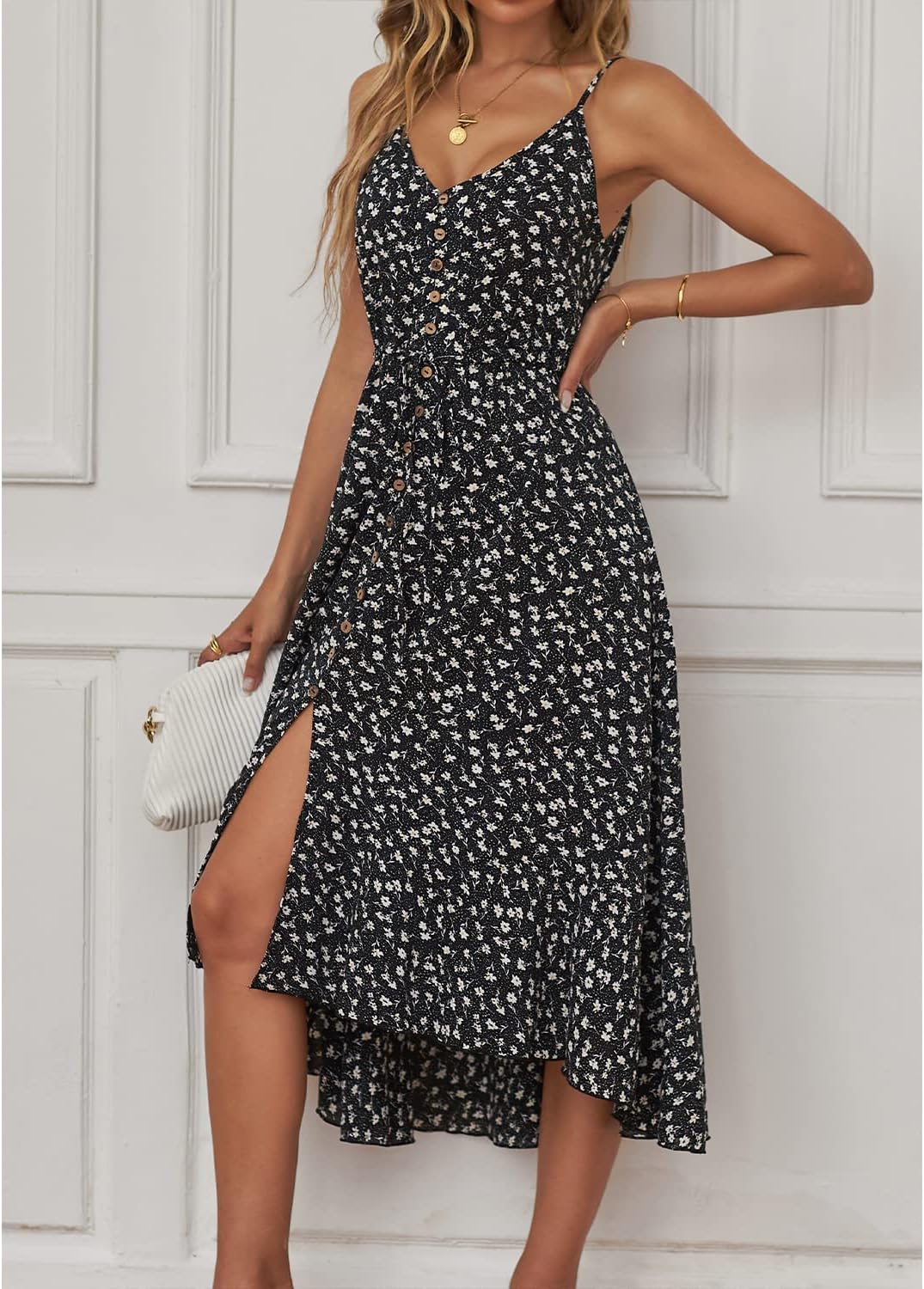 BROVAVE Women's 2024 Summer Casual Boho Sundress Polka Dot Spaghetti Strap V Neck Flowy Midi Dresses