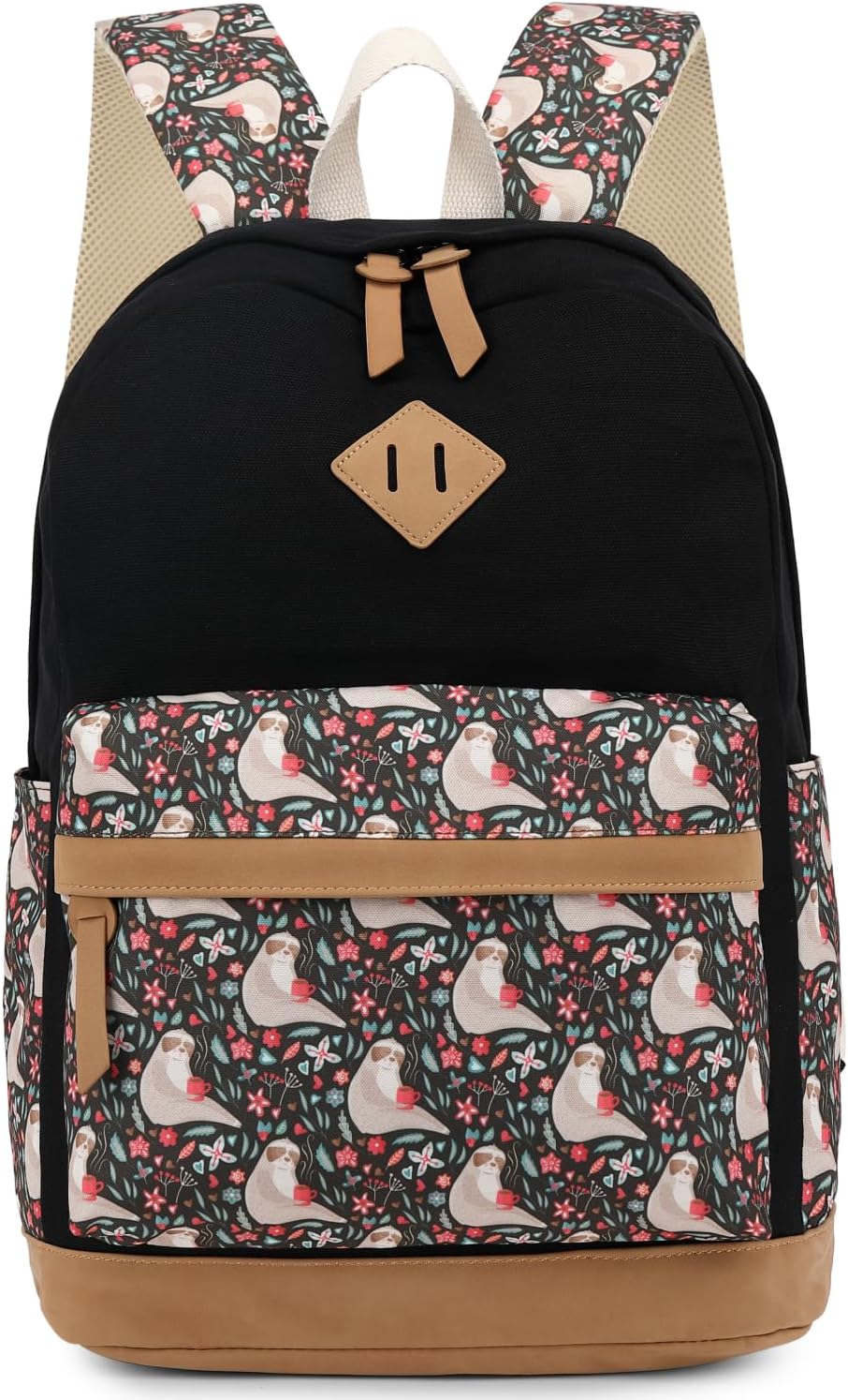 Leaper Girls Cute Floral Canvas Backpack Laptop Backpack Casual Shoulder Bag Satchel Daypack Black