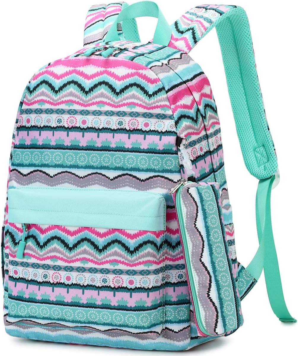 Leaper Geometric Stripe Laptop Backpack Bag Lunch Bag Pencil Bag Set (Black-2116-3)