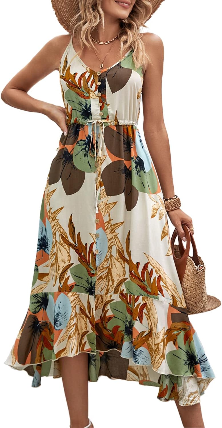 BROVAVE Women's 2024 Summer Casual Boho Sundress Polka Dot Spaghetti Strap V Neck Flowy Midi Dresses
