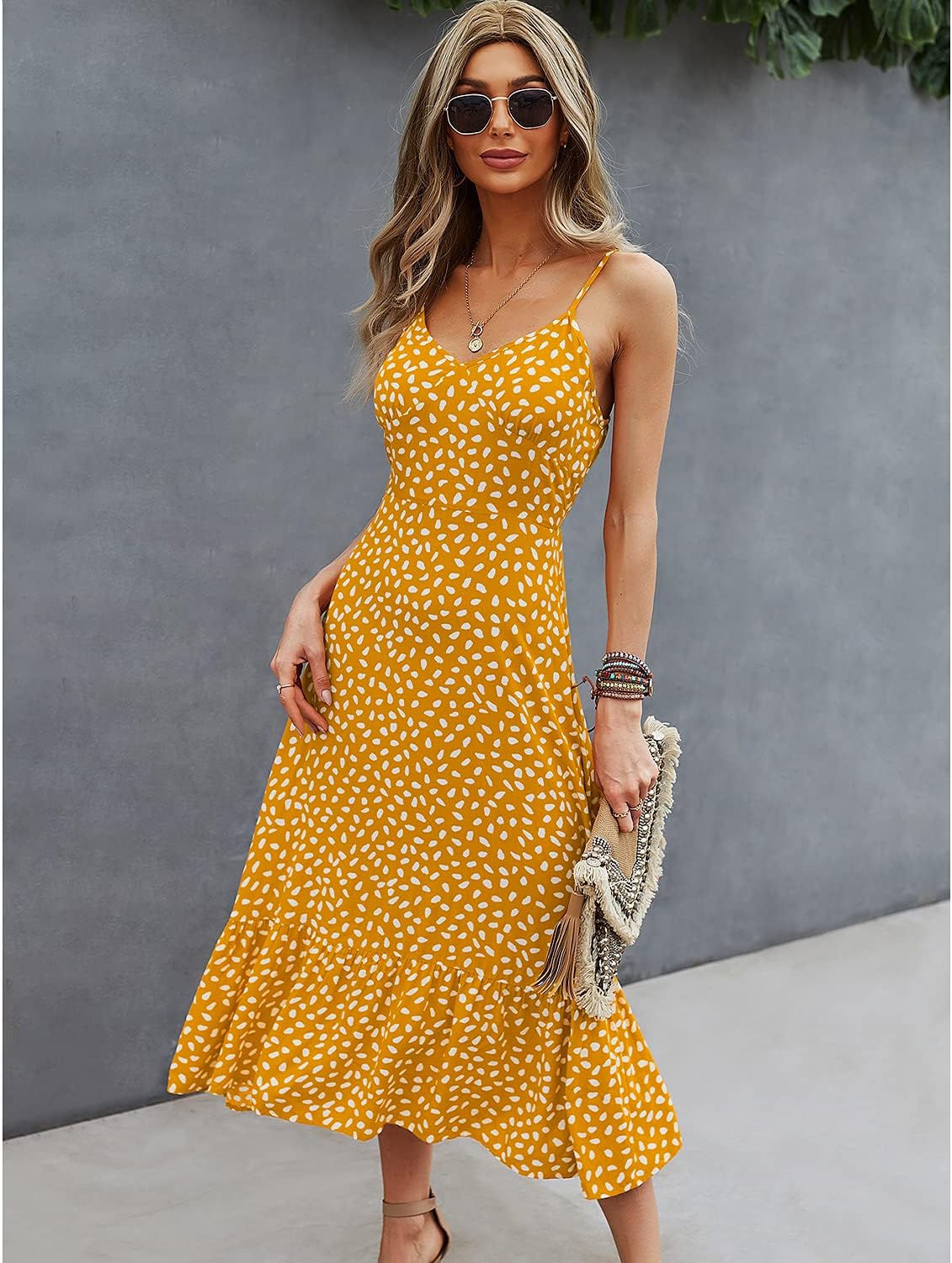 BROVAVE Women's 2024 Summer Casual Boho Sundress Polka Dot Spaghetti Strap V Neck Flowy Midi Dresses