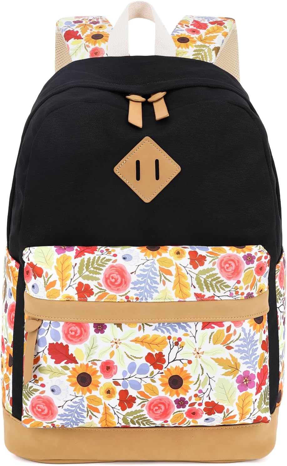 Leaper Girls Cute Floral Canvas Backpack Laptop Backpack Casual Shoulder Bag Satchel Daypack Black