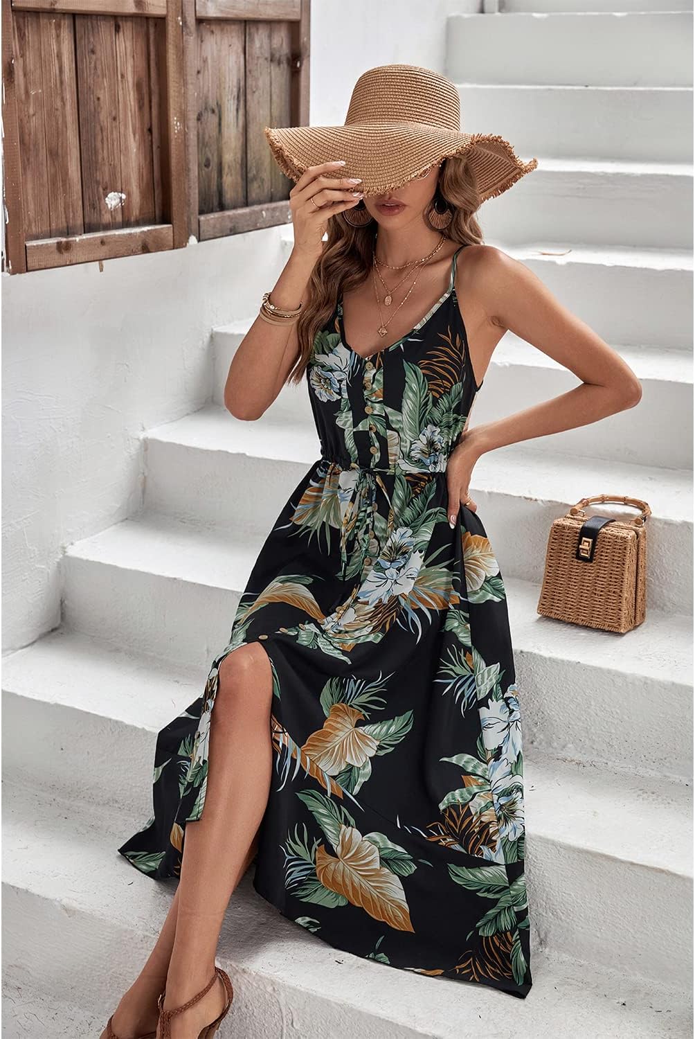 BROVAVE Women's 2024 Summer Casual Boho Sundress Polka Dot Spaghetti Strap V Neck Flowy Midi Dresses