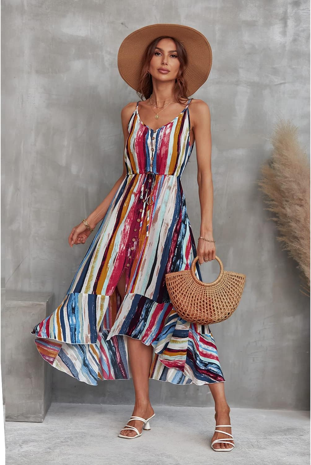 BROVAVE Women's 2024 Summer Casual Boho Sundress Polka Dot Spaghetti Strap V Neck Flowy Midi Dresses
