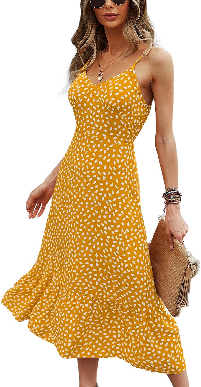 BROVAVE Women's 2024 Summer Casual Boho Sundress Polka Dot Spaghetti Strap V Neck Flowy Midi Dresses