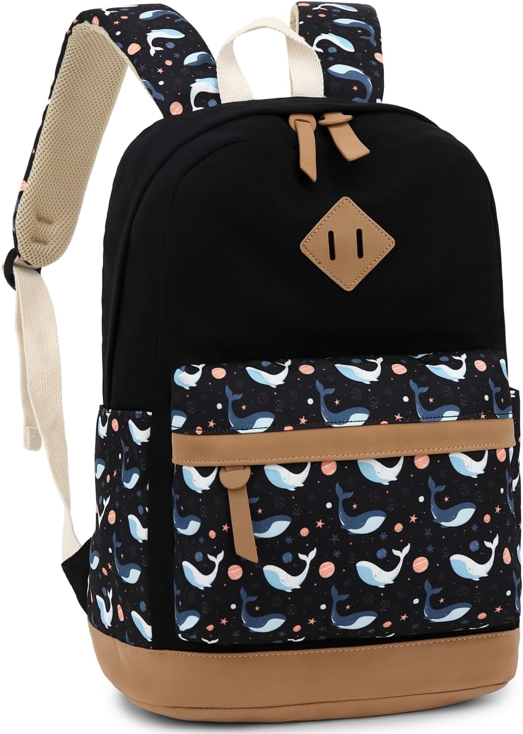 Leaper Girls Cute Floral Canvas Backpack Laptop Backpack Casual Shoulder Bag Satchel Daypack Black