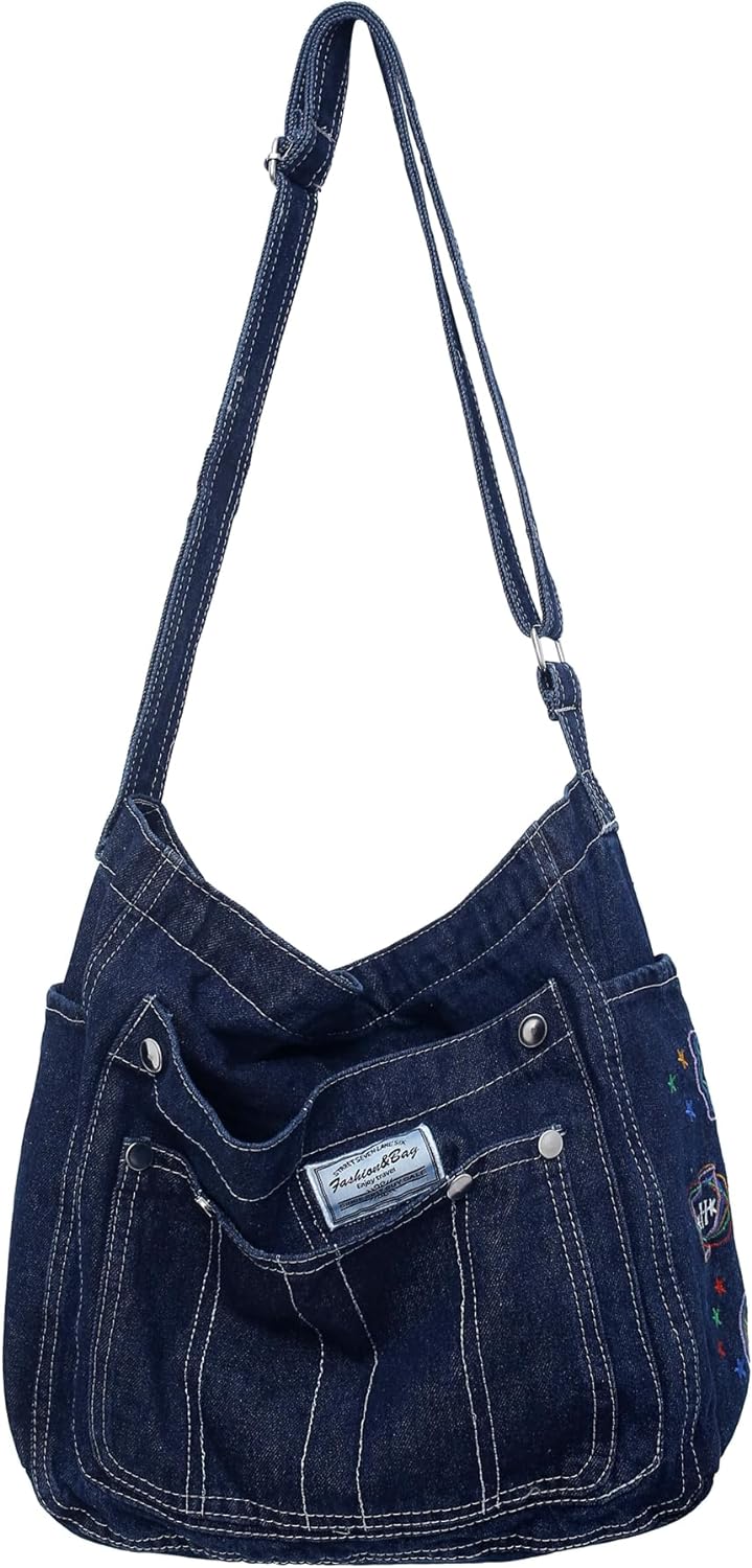 Leaper Denim Tote Bag Denim Shoulder Bag Lightweight Retro Travel Crossbody Hobo Handbag for Women