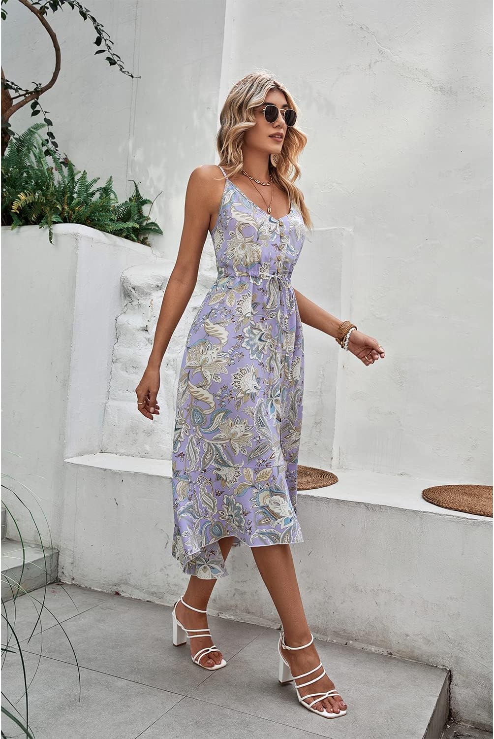 BROVAVE Women's 2024 Summer Casual Boho Sundress Polka Dot Spaghetti Strap V Neck Flowy Midi Dresses