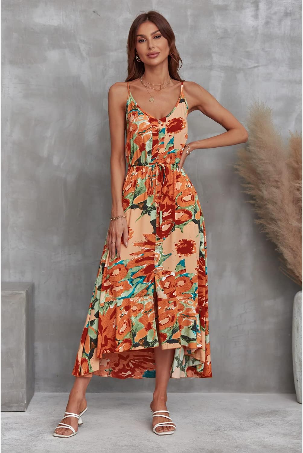 BROVAVE Women's 2024 Summer Casual Boho Sundress Polka Dot Spaghetti Strap V Neck Flowy Midi Dresses