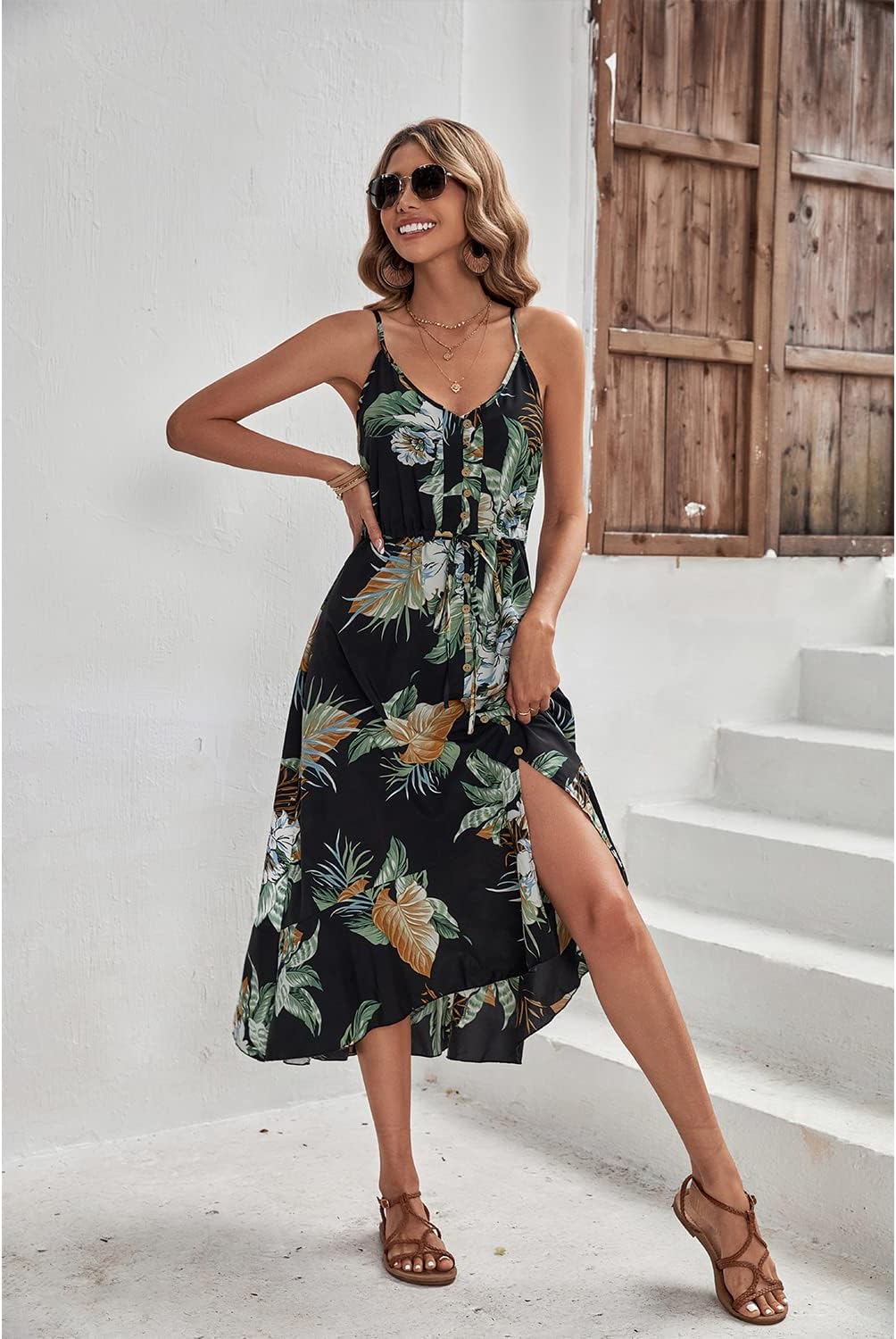 BROVAVE Women's 2024 Summer Casual Boho Sundress Polka Dot Spaghetti Strap V Neck Flowy Midi Dresses