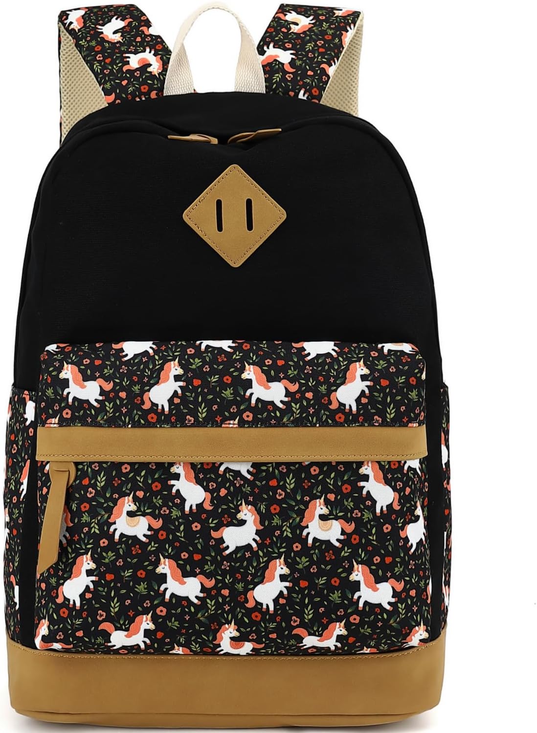 Leaper Girls Cute Floral Canvas Backpack Laptop Backpack Casual Shoulder Bag Satchel Daypack Black
