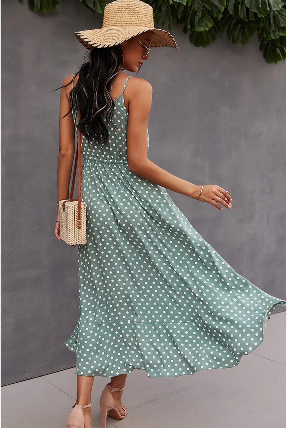 BROVAVE Women's 2024 Summer Casual Boho Sundress Polka Dot Spaghetti Strap V Neck Flowy Midi Dresses