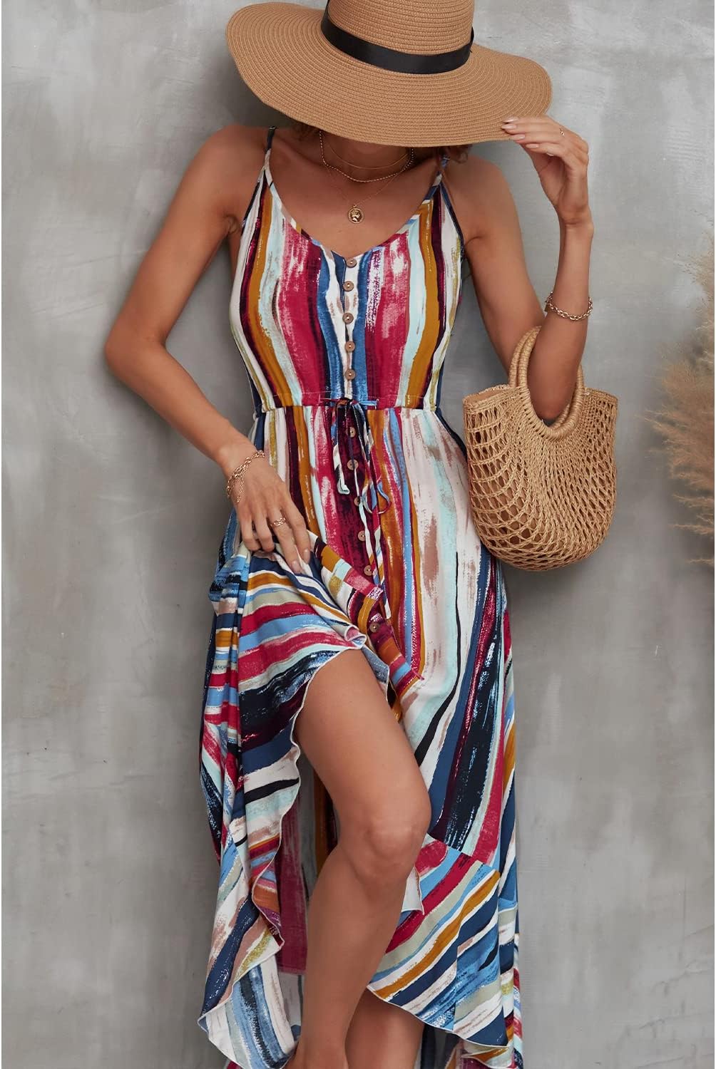 BROVAVE Women's 2024 Summer Casual Boho Sundress Polka Dot Spaghetti Strap V Neck Flowy Midi Dresses
