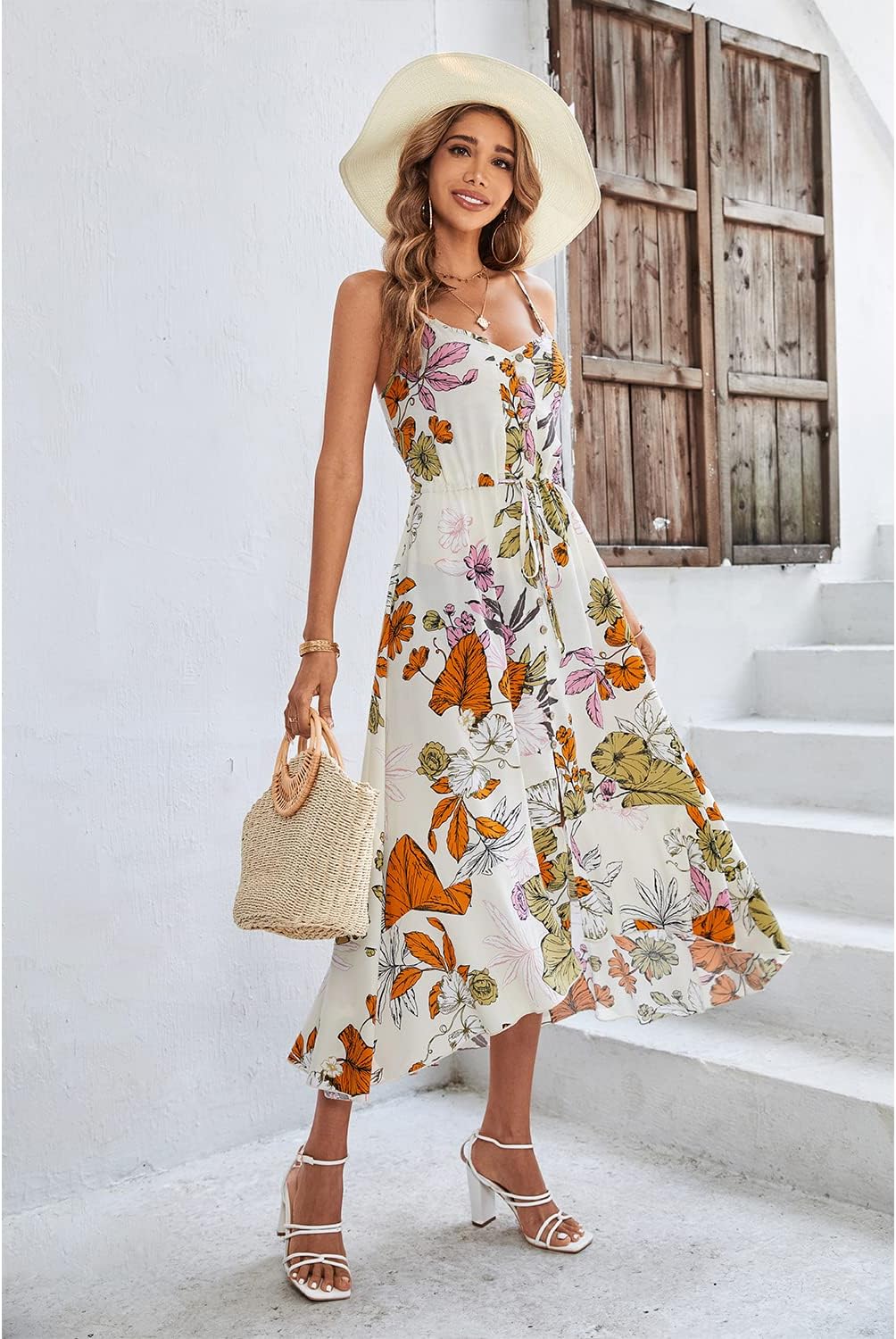 BROVAVE Women's 2024 Summer Casual Boho Sundress Polka Dot Spaghetti Strap V Neck Flowy Midi Dresses