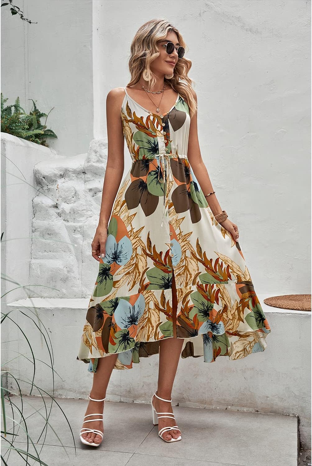 BROVAVE Women's 2024 Summer Casual Boho Sundress Polka Dot Spaghetti Strap V Neck Flowy Midi Dresses