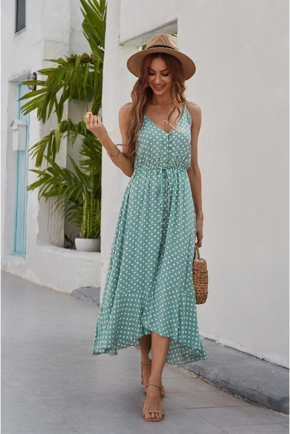 BROVAVE Women's 2024 Summer Casual Boho Sundress Polka Dot Spaghetti Strap V Neck Flowy Midi Dresses