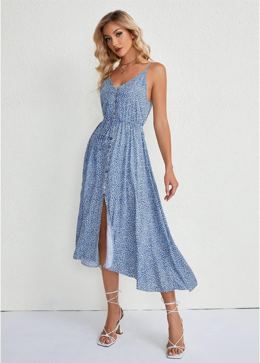 BROVAVE Women's 2024 Summer Casual Boho Sundress Polka Dot Spaghetti Strap V Neck Flowy Midi Dresses