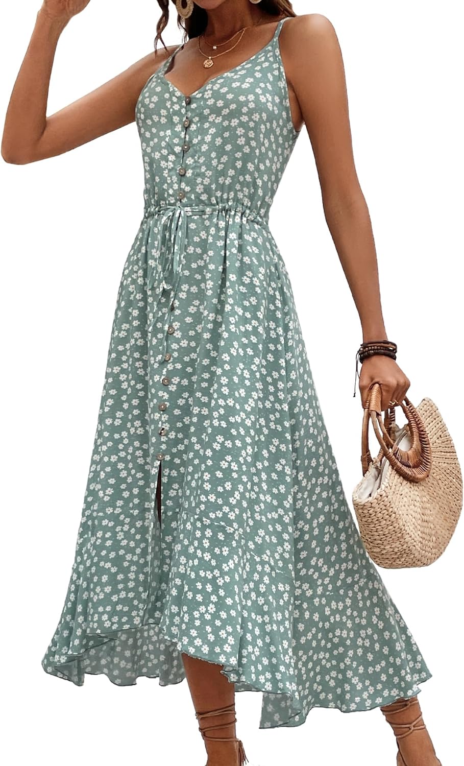 BROVAVE Women's 2024 Summer Casual Boho Sundress Polka Dot Spaghetti Strap V Neck Flowy Midi Dresses