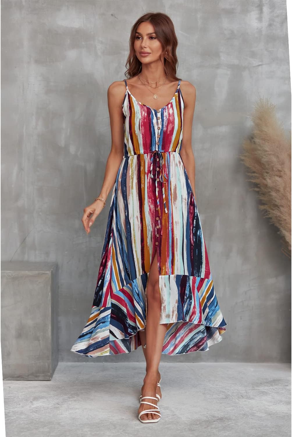 BROVAVE Women's 2024 Summer Casual Boho Sundress Polka Dot Spaghetti Strap V Neck Flowy Midi Dresses