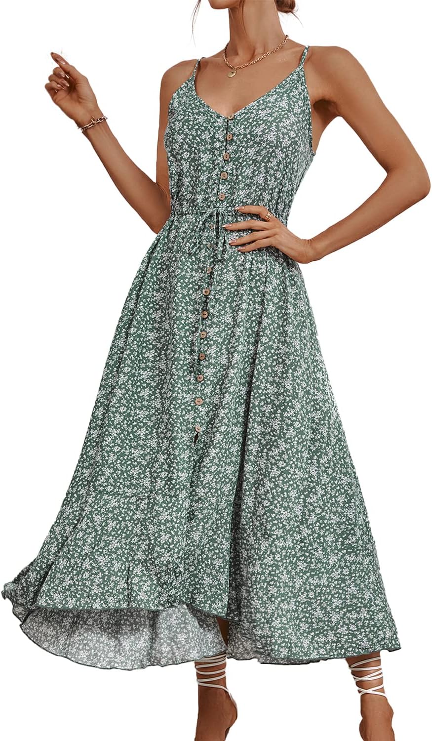 BROVAVE Women's 2024 Summer Casual Boho Sundress Polka Dot Spaghetti Strap V Neck Flowy Midi Dresses