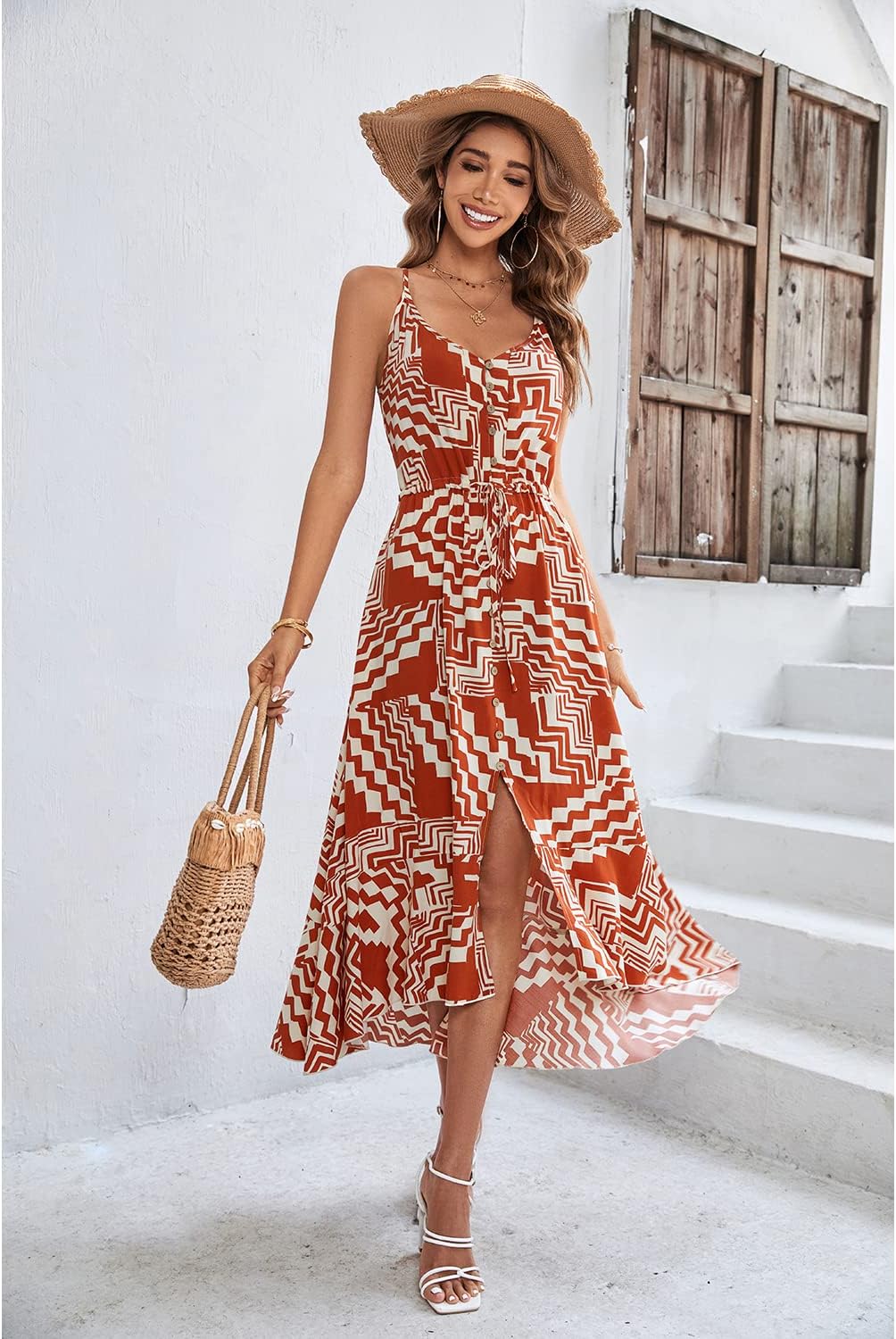BROVAVE Women's 2024 Summer Casual Boho Sundress Polka Dot Spaghetti Strap V Neck Flowy Midi Dresses