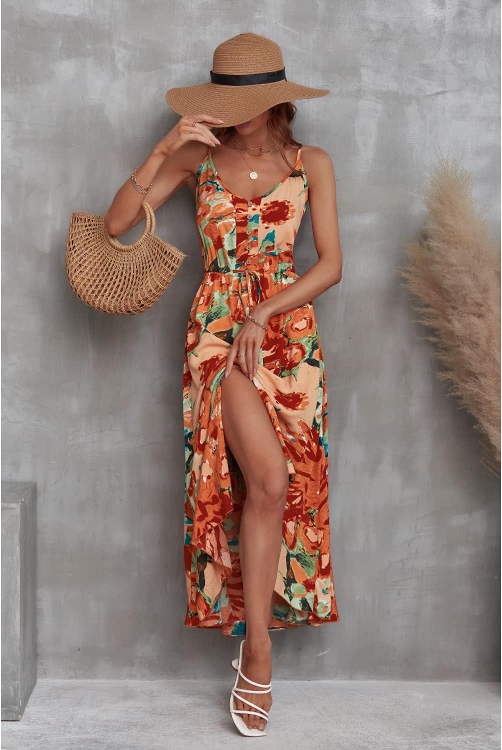 BROVAVE Women's 2024 Summer Casual Boho Sundress Polka Dot Spaghetti Strap V Neck Flowy Midi Dresses