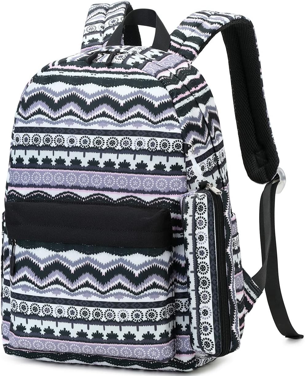 Leaper Geometric Stripe Laptop Backpack Bag Lunch Bag Pencil Bag Set (Black-2116-3)
