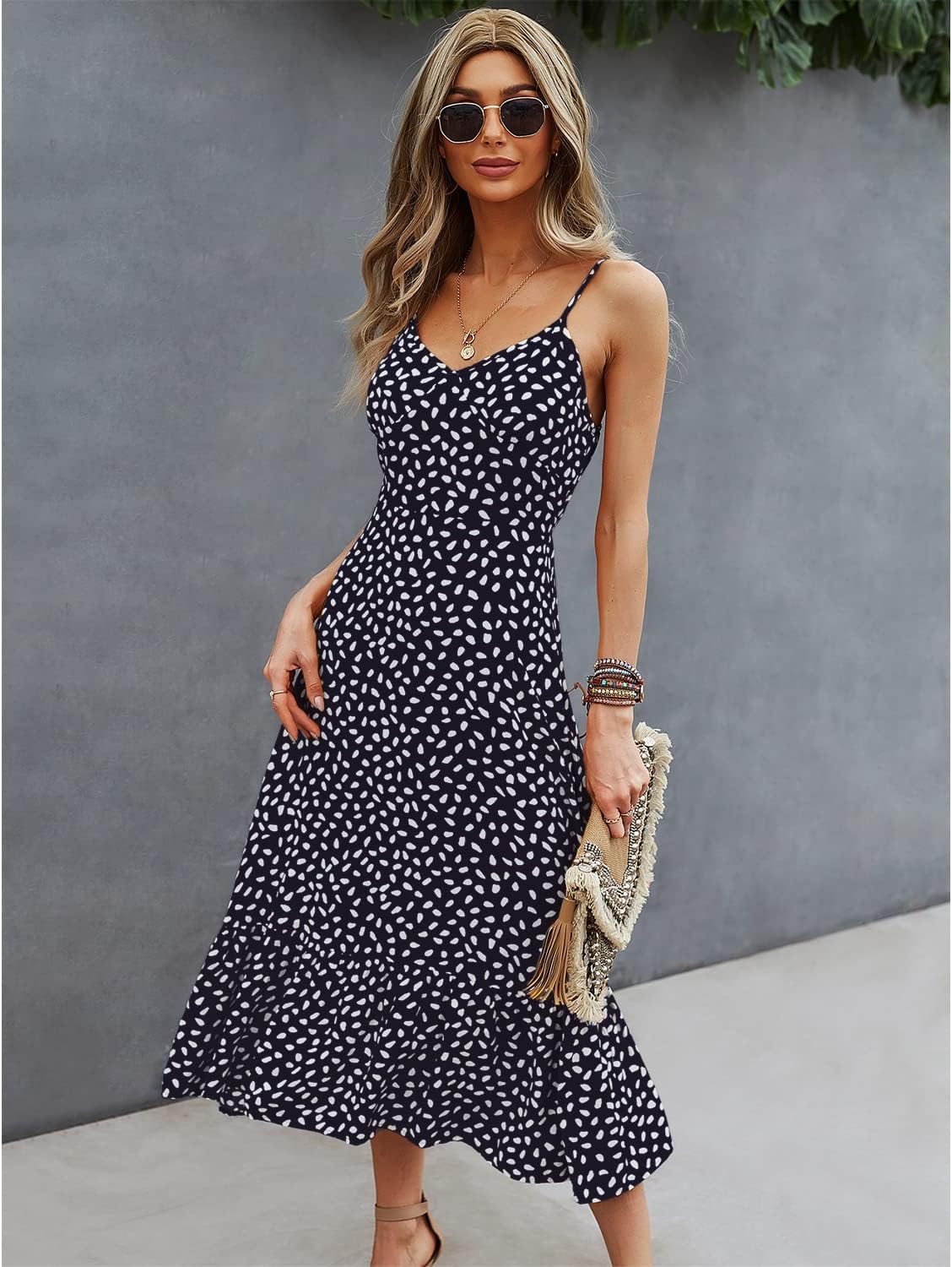 BROVAVE Women's 2024 Summer Casual Boho Sundress Polka Dot Spaghetti Strap V Neck Flowy Midi Dresses