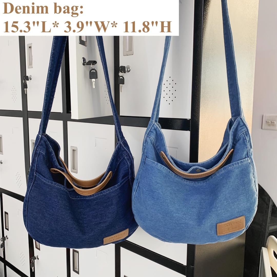 Leaper Denim Tote Bag Denim Shoulder Bag Lightweight Retro Travel Crossbody Hobo Handbag for Women