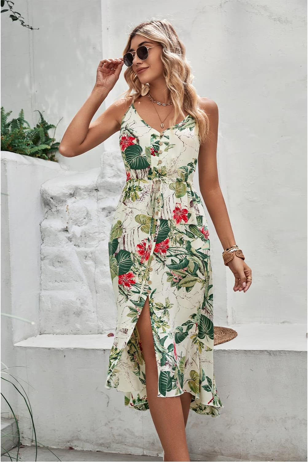 BROVAVE Women's 2024 Summer Casual Boho Sundress Polka Dot Spaghetti Strap V Neck Flowy Midi Dresses