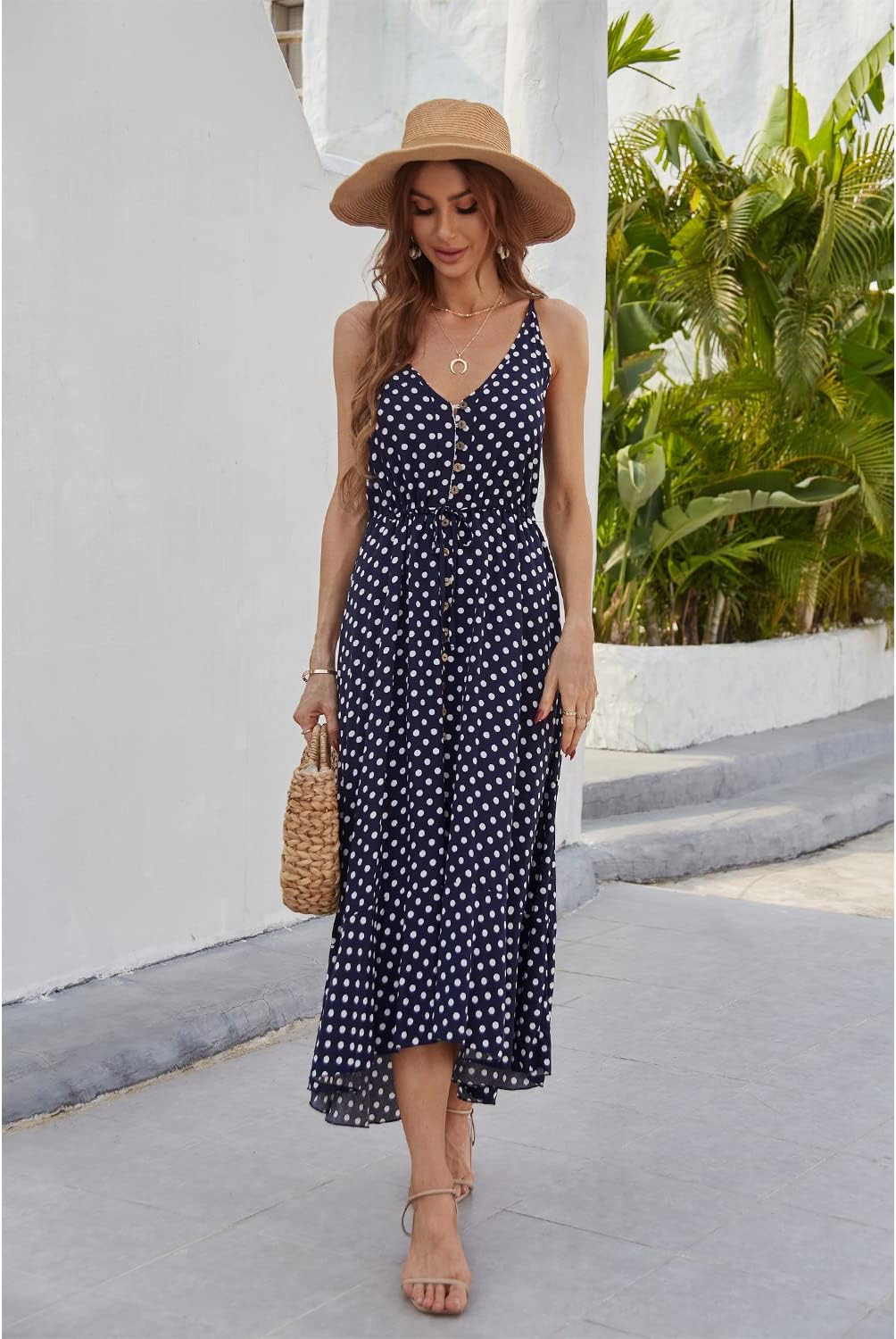 BROVAVE Women's 2024 Summer Casual Boho Sundress Polka Dot Spaghetti Strap V Neck Flowy Midi Dresses