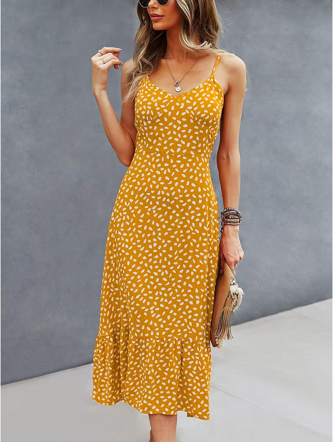 BROVAVE Women's 2024 Summer Casual Boho Sundress Polka Dot Spaghetti Strap V Neck Flowy Midi Dresses