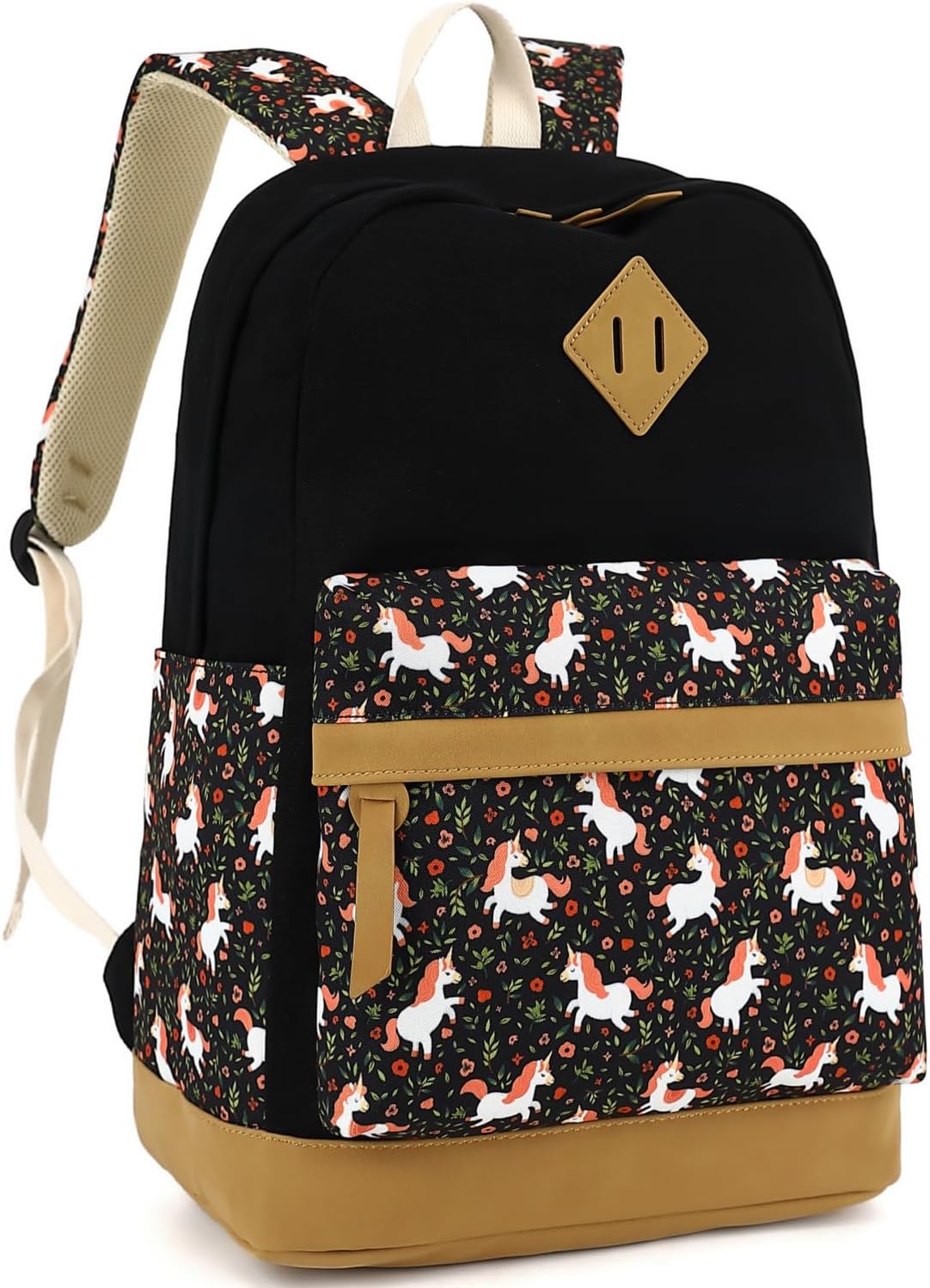 Leaper Girls Cute Floral Canvas Backpack Laptop Backpack Casual Shoulder Bag Satchel Daypack Black