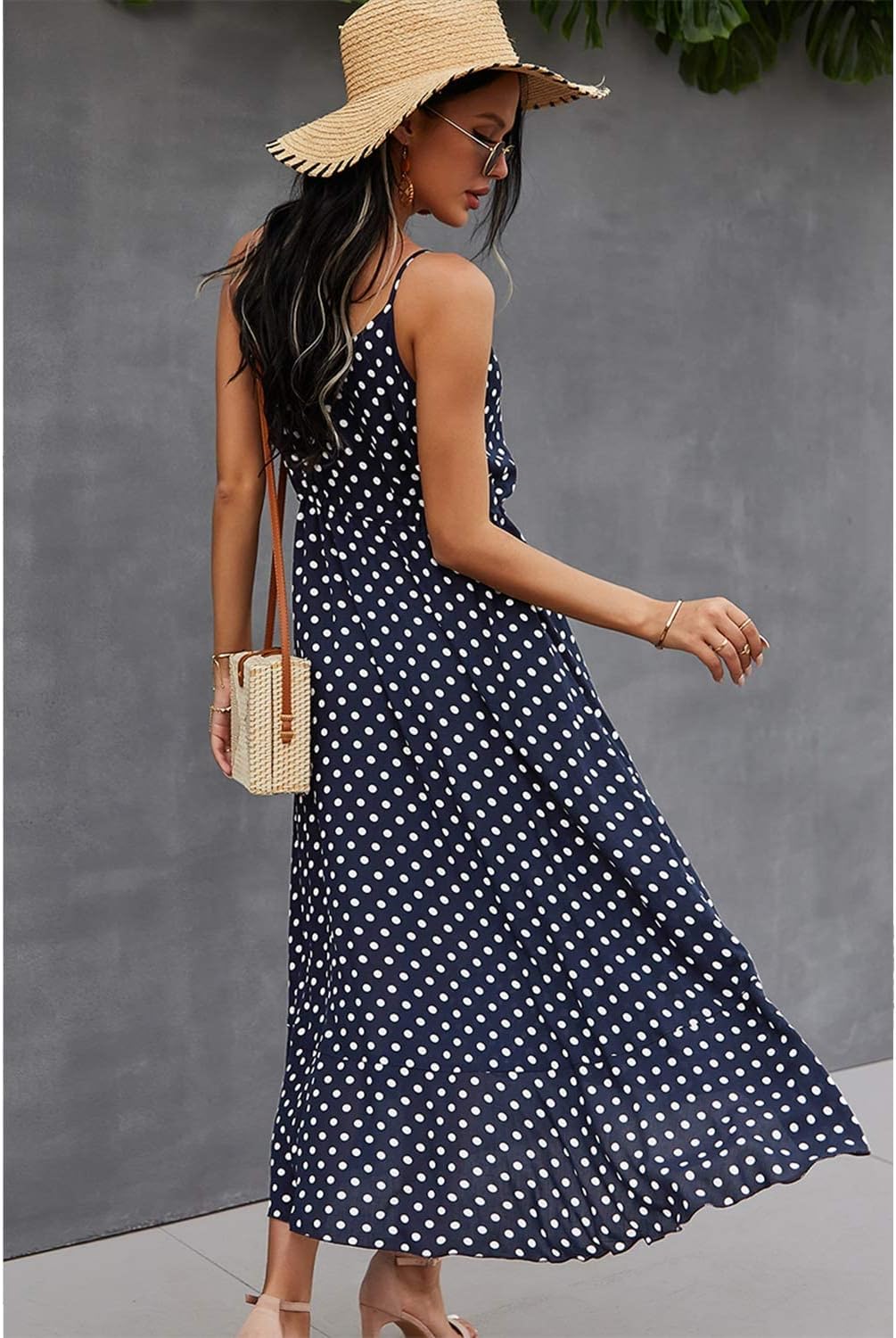 BROVAVE Women's 2024 Summer Casual Boho Sundress Polka Dot Spaghetti Strap V Neck Flowy Midi Dresses