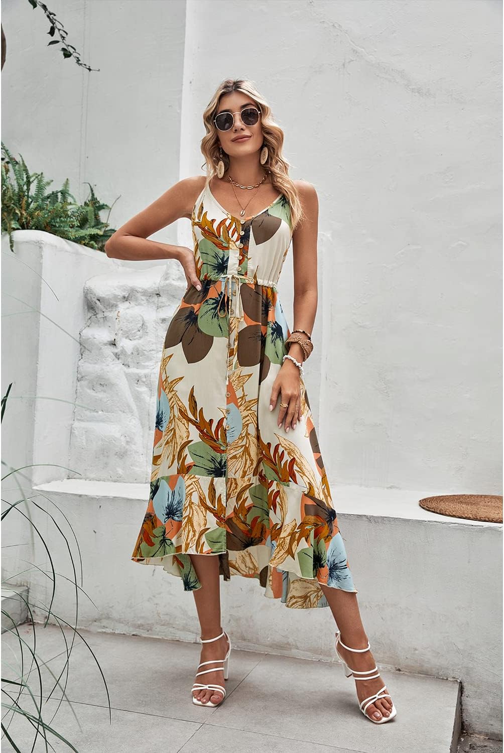 BROVAVE Women's 2024 Summer Casual Boho Sundress Polka Dot Spaghetti Strap V Neck Flowy Midi Dresses