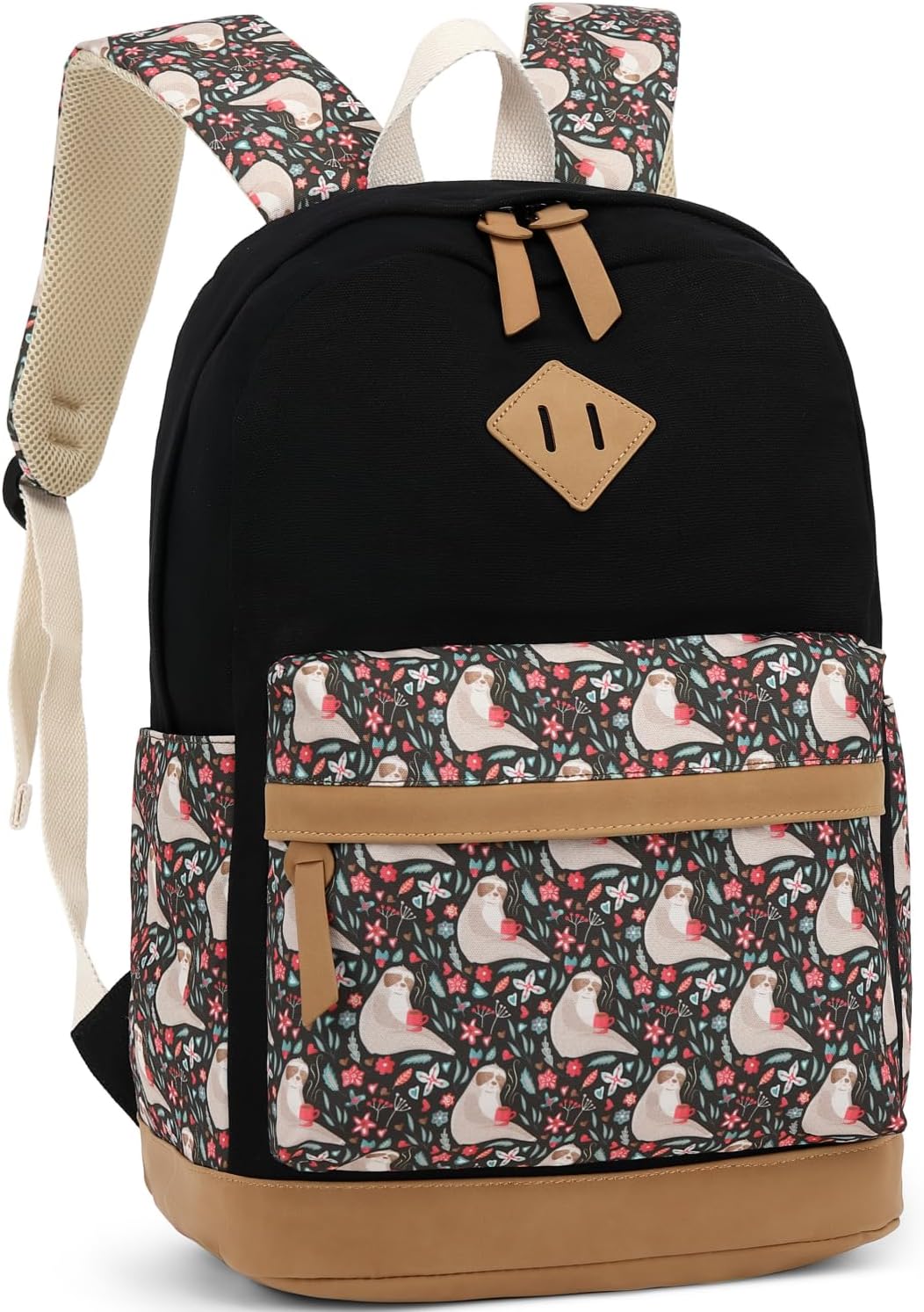 Leaper Girls Cute Floral Canvas Backpack Laptop Backpack Casual Shoulder Bag Satchel Daypack Black
