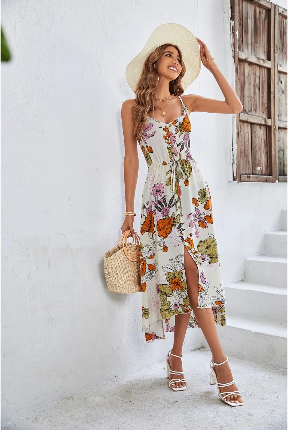 BROVAVE Women's 2024 Summer Casual Boho Sundress Polka Dot Spaghetti Strap V Neck Flowy Midi Dresses