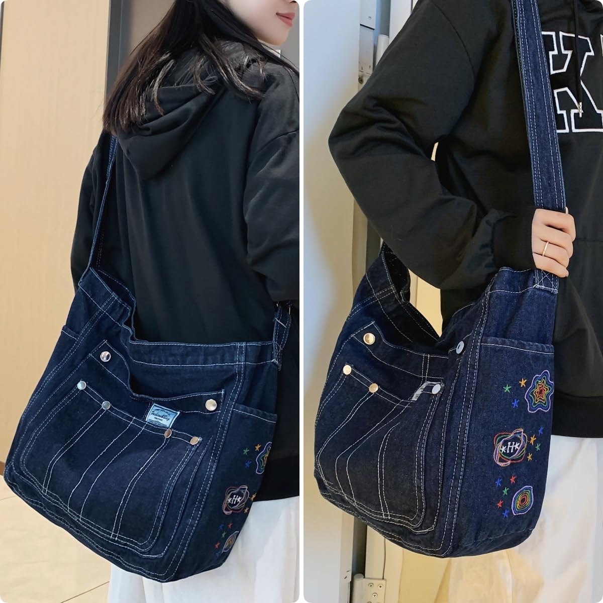 Leaper Denim Tote Bag Denim Shoulder Bag Lightweight Retro Travel Crossbody Hobo Handbag for Women