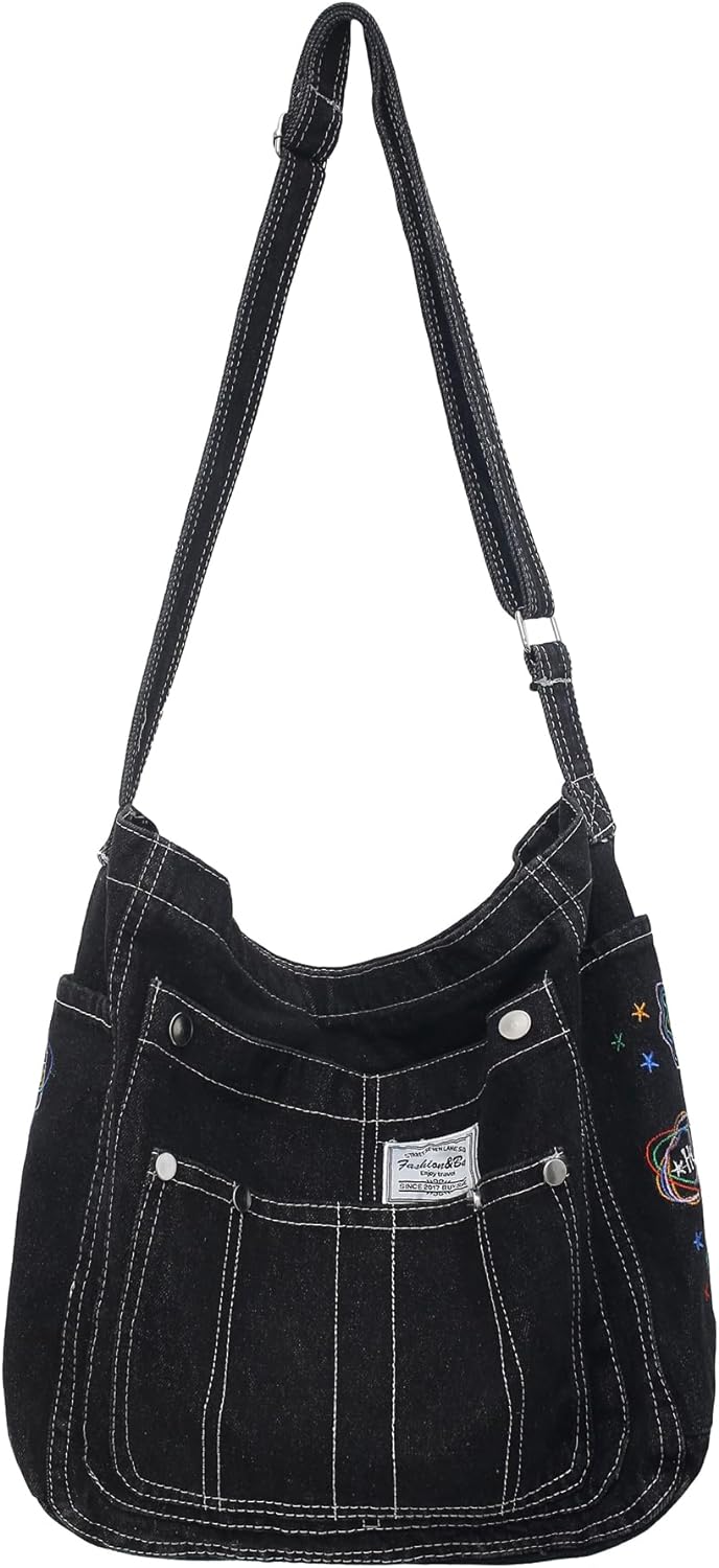 Leaper Denim Tote Bag Denim Shoulder Bag Lightweight Retro Travel Crossbody Hobo Handbag for Women
