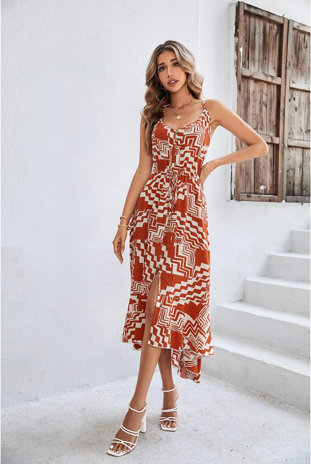 BROVAVE Women's 2024 Summer Casual Boho Sundress Polka Dot Spaghetti Strap V Neck Flowy Midi Dresses