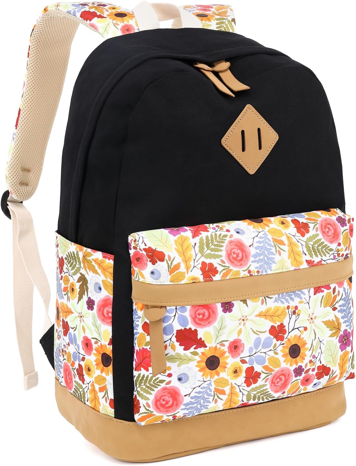Leaper Girls Cute Floral Canvas Backpack Laptop Backpack Casual Shoulder Bag Satchel Daypack Black