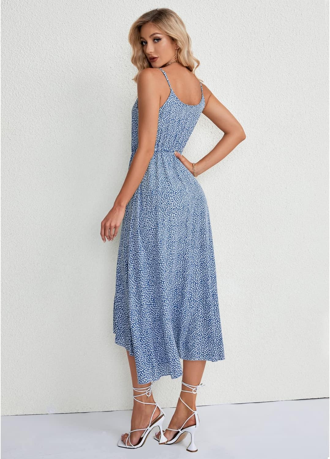 BROVAVE Women's 2024 Summer Casual Boho Sundress Polka Dot Spaghetti Strap V Neck Flowy Midi Dresses