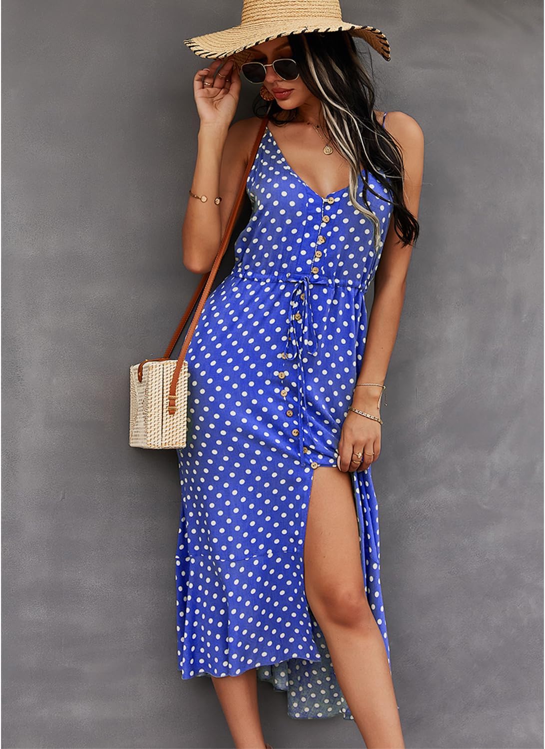 BROVAVE Women's 2024 Summer Casual Boho Sundress Polka Dot Spaghetti Strap V Neck Flowy Midi Dresses