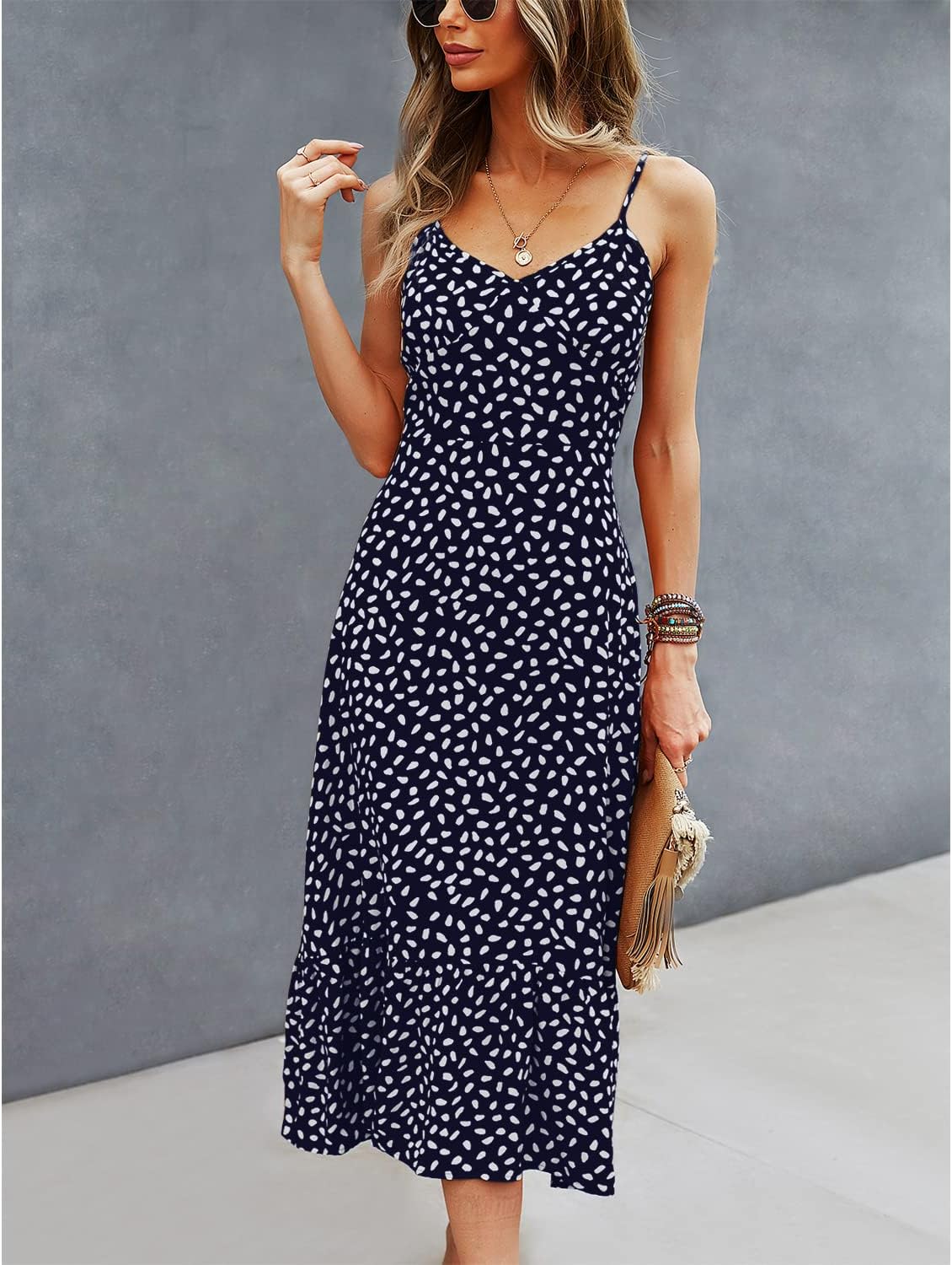 BROVAVE Women's 2024 Summer Casual Boho Sundress Polka Dot Spaghetti Strap V Neck Flowy Midi Dresses