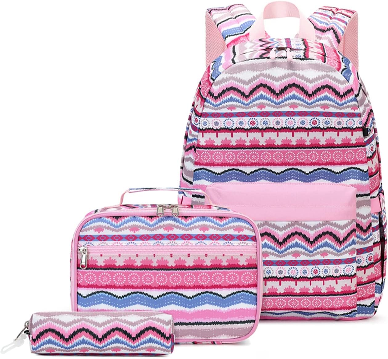Leaper Geometric Stripe Laptop Backpack Bag Lunch Bag Pencil Bag Set (Black-2116-3)